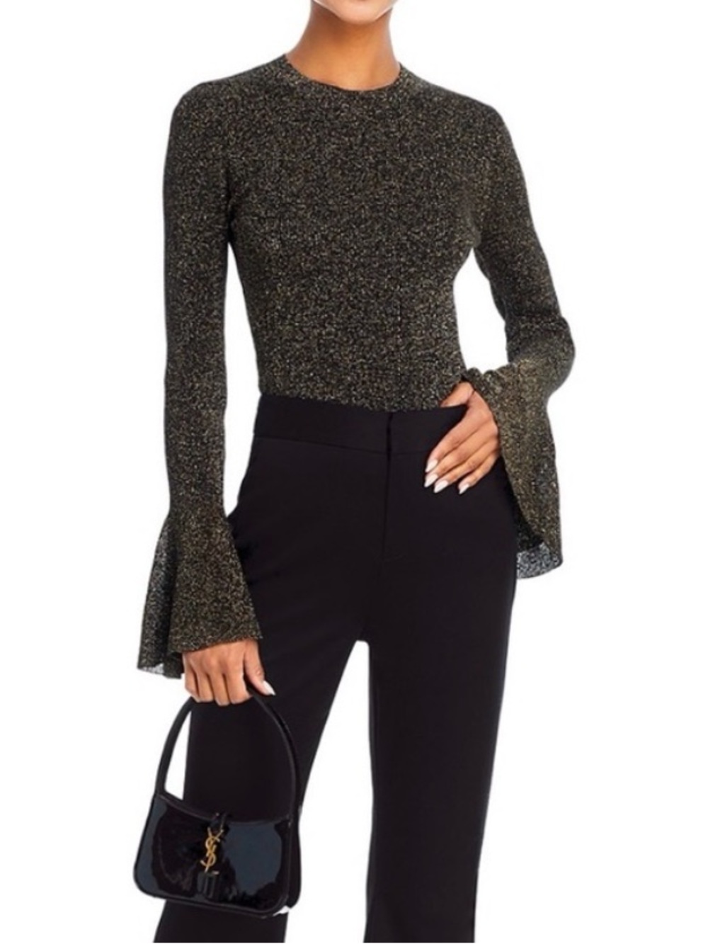 Frame‎ || Godet Lurex Flare Sleeve Metallic Top Black Gold XS
